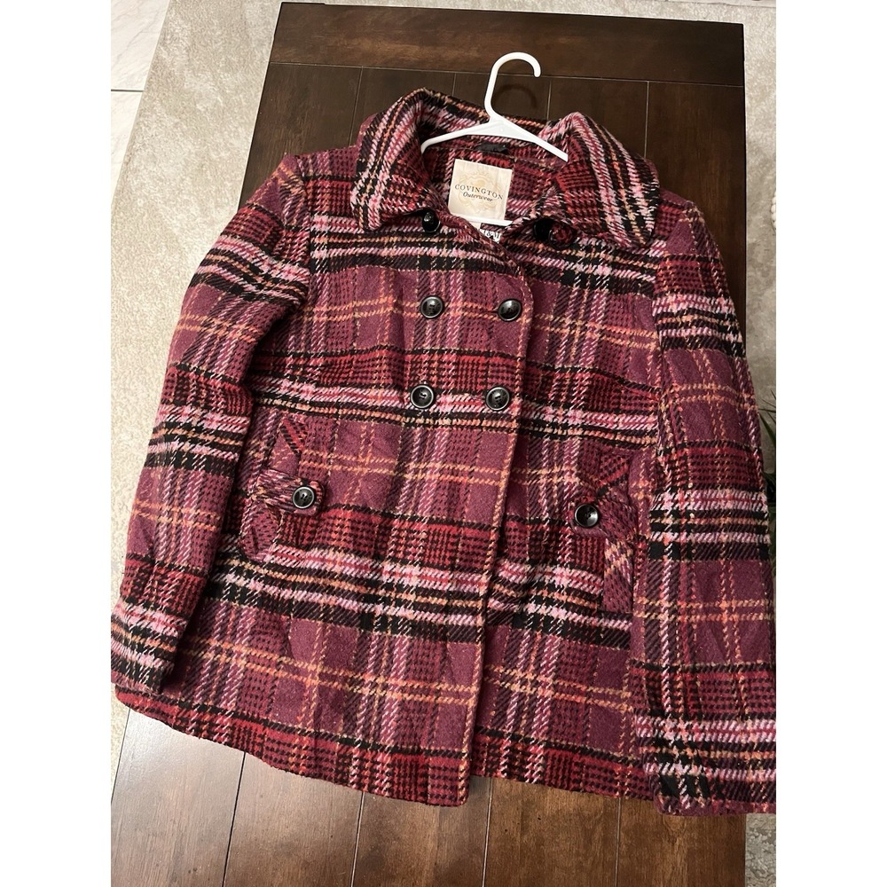Y2K Covington Peacoat Jacket Women Sz L Petite Plaid Wool Blend Buttons VTG